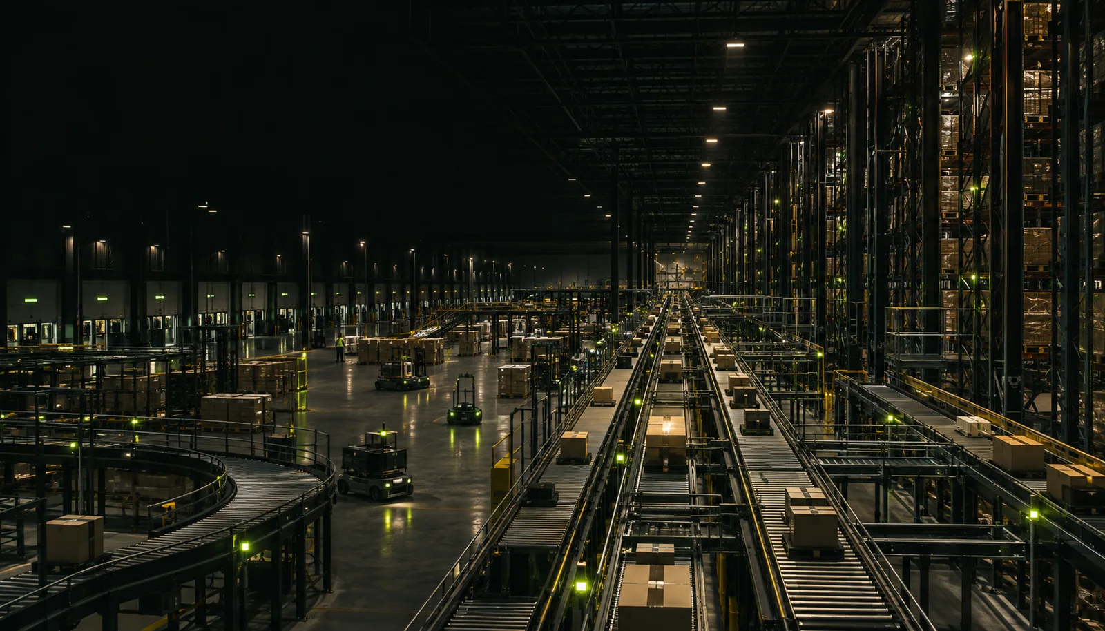 Centro de distribuição automatizado, em uma cena conceitual de operação noturna